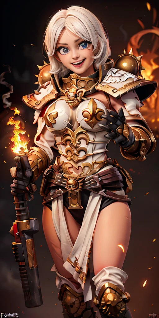 akari watanabe FEMALE, Hdr, (Photo brute, hyperdetailed:1.15), (couleur chaude:1.2), 1fille, (fond blanc, sourire diabolique:1.45), Fire & Smoke, Polished gold-plated metal, Warhammer 40k, holding gun,