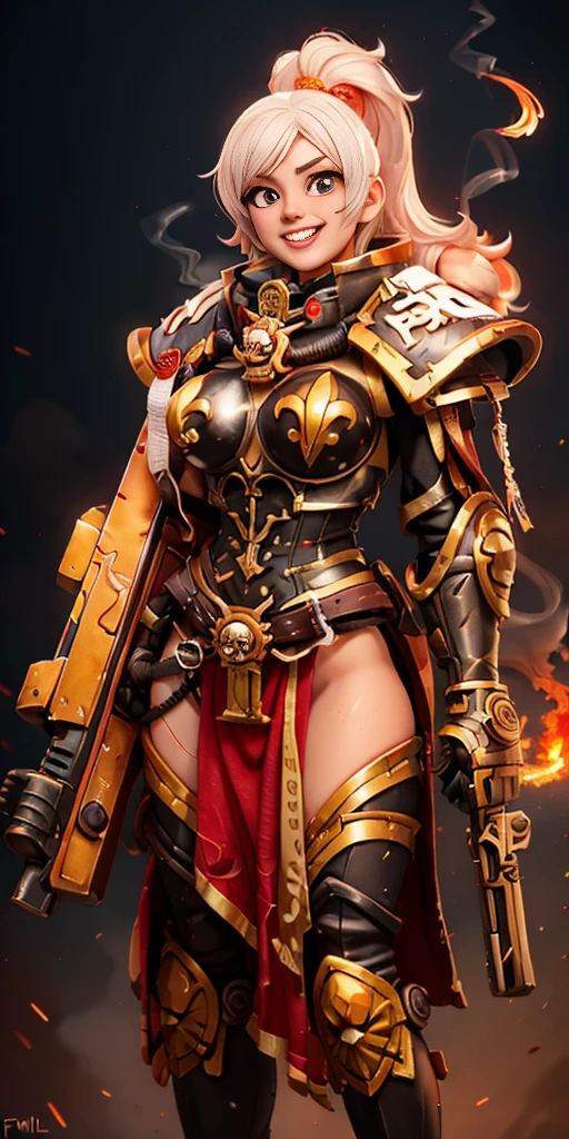 akari watanabe FEMALE, Hdr, (Photo brute, hyperdetailed:1.15), (couleur chaude:1.2), 1fille, (fond blanc, sourire diabolique:1.45), Fire & Smoke, Polished gold-plated metal, Warhammer 40k, holding gun,