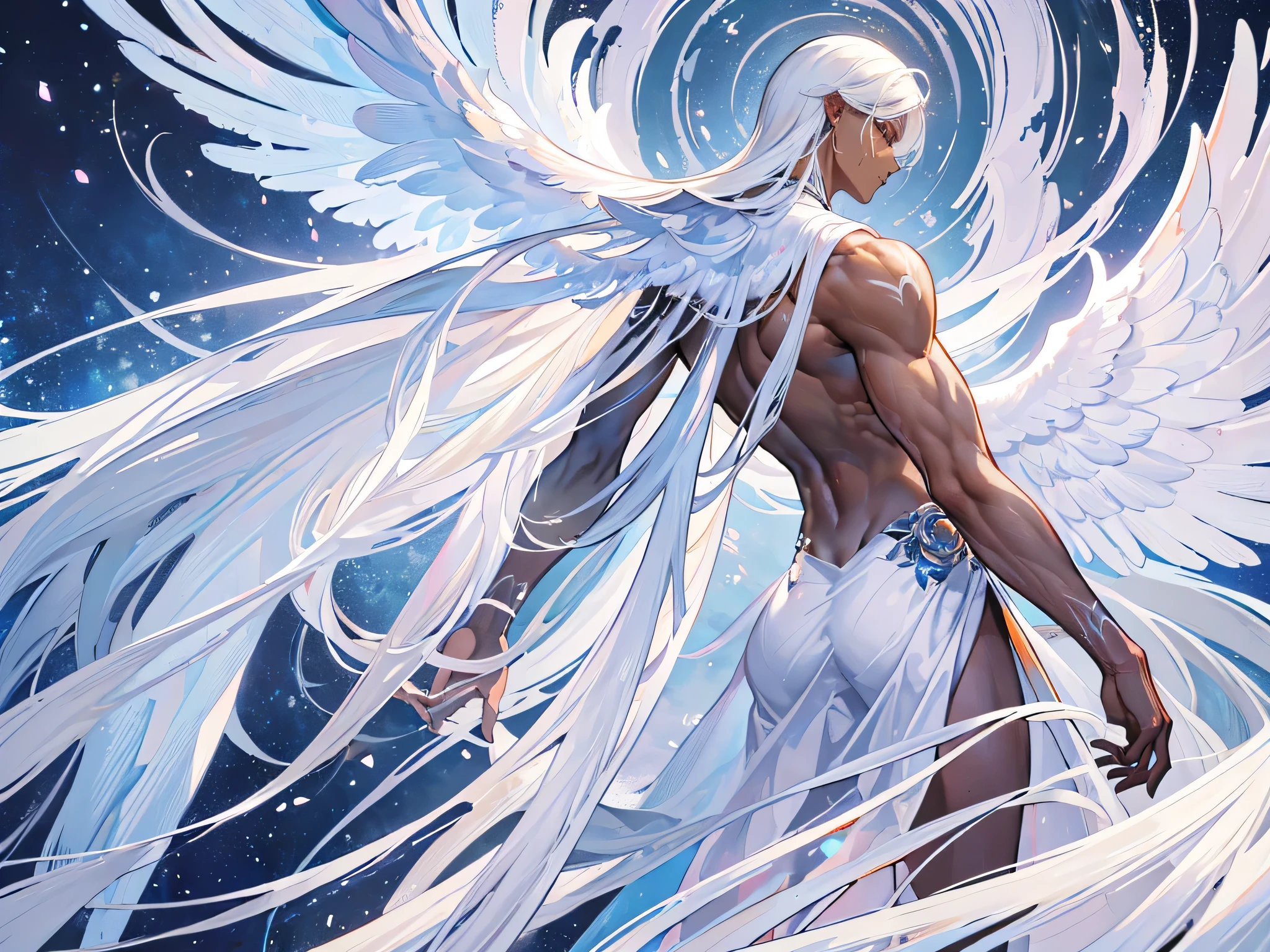 ((Masterpiece, Highest quality)), Male, boy, Detailed face, character design sheet， full bodyesbian, Full of details, frontal body view, back body view, Highly detailed, Depth, Many parts, angel wings, dark skin, white hair, angel outfit, Muscle boy with white hair，handsome man, male angel , man tall,