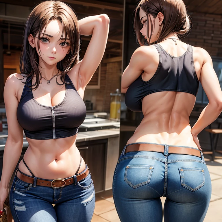 A woman in a tank top and low-rise jeans making salsa sauce at a taco stand Jeans have belts Belly button piercing There are side slits Big butt Detail the buttocks Detailing the groin area Full zip jeans
