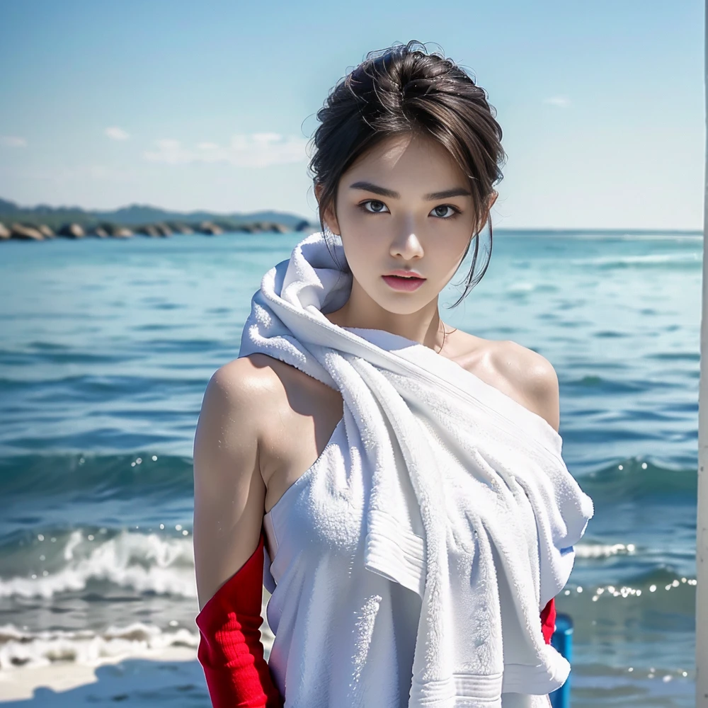 (Raw photo, Realistic photos, masterpiece, highest quality, High resolution, 8k wallpaper), ((Detailed and beautiful skin, Attractive shoulders, Thin and plump arms, A towel that makes your body lines look beautiful)), alone