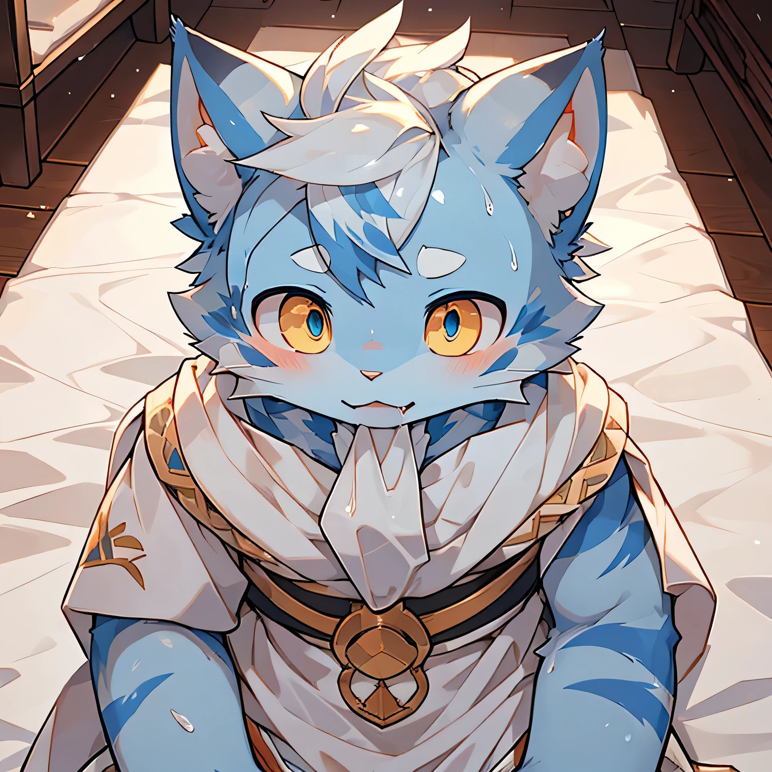 The only person，(Male cats:1.5), (blue skin:1.3), hairy，(Light blue fur:1.3),((Golden pupils)) ,(White ears),(hairy animal ears)，（White cloth in mouth），White cloth in mouth，Covered with hair，Wear adventurer's clothes，lie on the floor，There is a lot of white sticky liquid all over the body，The hair is wet with water，Soaked through，saliva，Fine hair，Top view，Red cheeks，Shy，night，Full body portrait，There is a lot of white fluid on the face，Complete clothes，