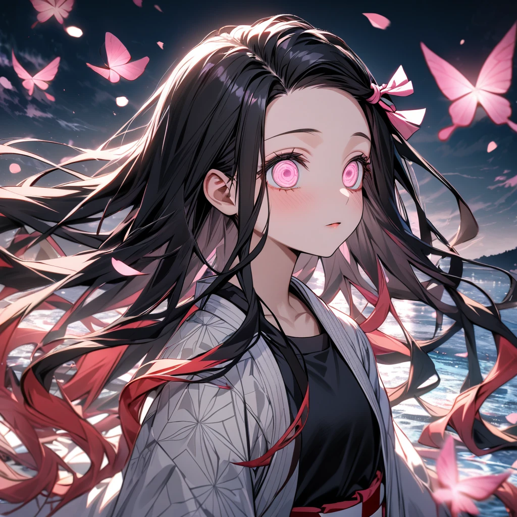 Ultra detailed, Highres, absurdres, HDR, Kamado Nezuko, black long hair, expressive pink eyes, white long coat with patterns, Kimetsu No Yaiba, pink flowers, petals, extremely beautiful, woman, solo, very detailed eyes and face, water, pink butterflies, black t-shirt, master piece,