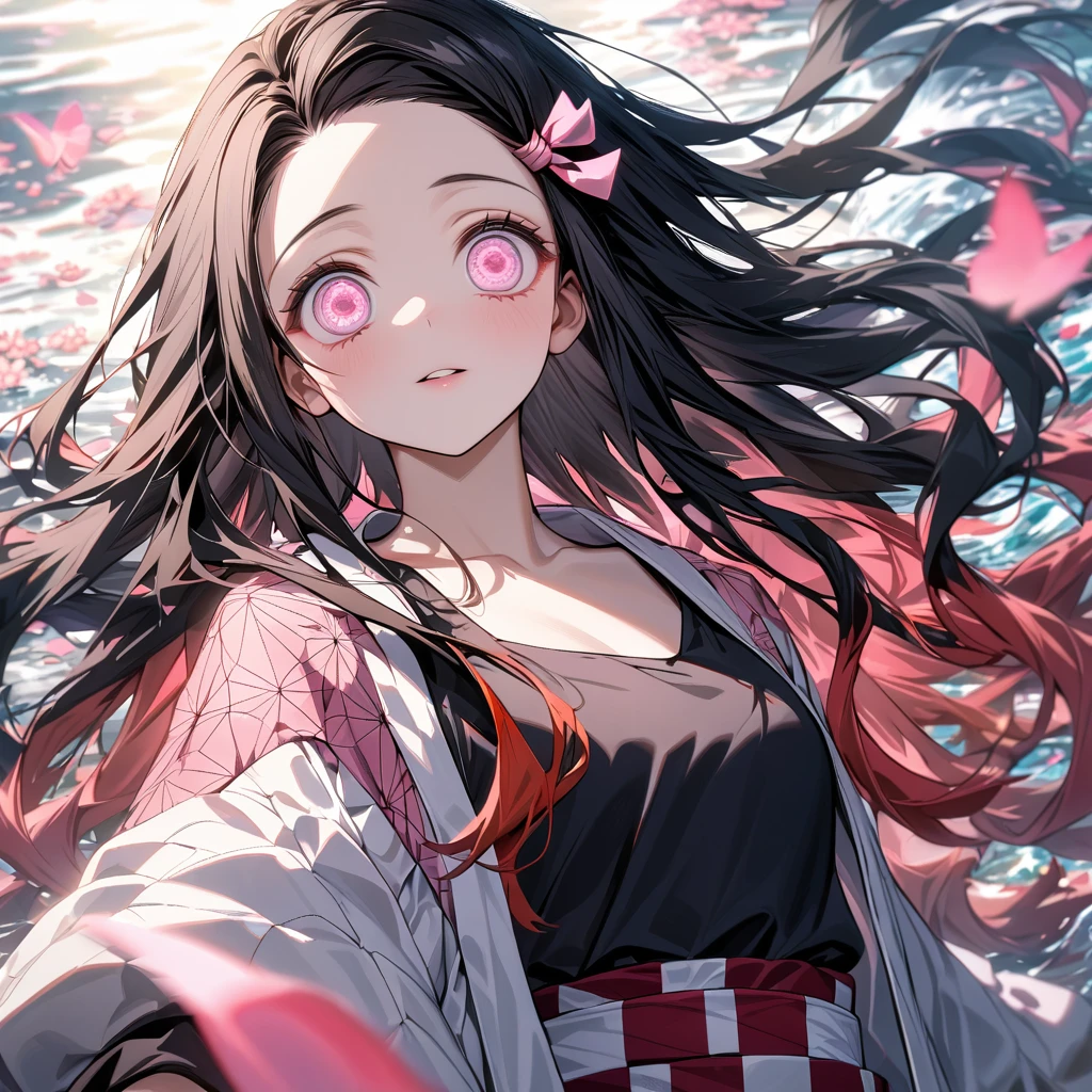Ultra detailed, Highres, absurdres, HDR, Kamado Nezuko, black long hair, expressive pink eyes, white long coat with patterns, Kimetsu No Yaiba, pink flowers, petals, extremely beautiful, woman, solo, very detailed eyes and face, water, pink butterflies, black t-shirt, master piece,