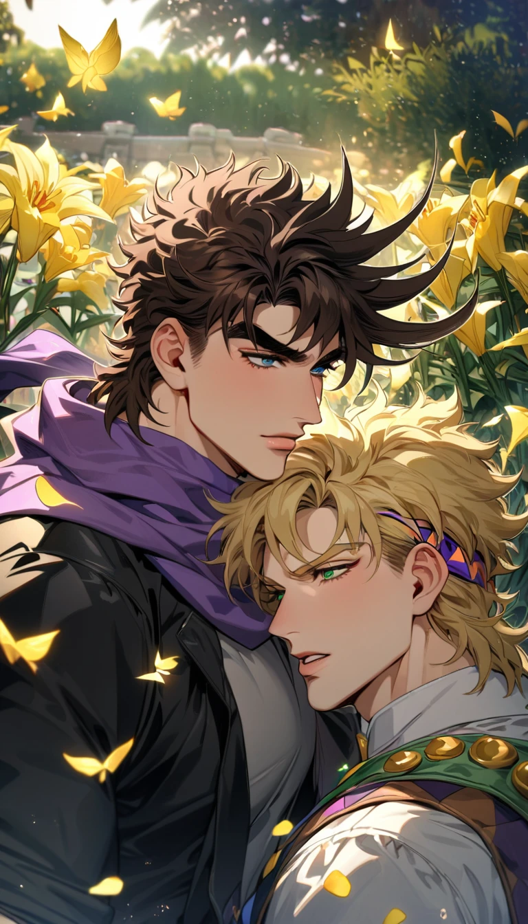 absurdres, highres, ultra detailed, HDR, master piece, best quality, Joseph Joestar, brown hair, expressive blue eyes, jojo's bizarre adventure, Caesar Anthonio Zeppeli, blonde hair, expressive green eyes, purple headband, purple scarf, two sexy men together, gay couple, handsome, black clothes, yellow butterflies, yellow lilies, petals