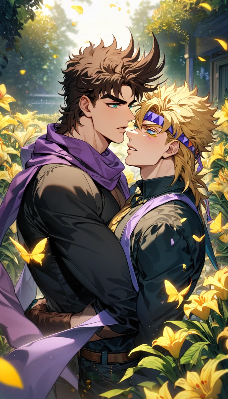 absurdres, highres, ultra detailed, HDR, master piece, best quality, Joseph Joestar, brown hair, expressive blue eyes, jojo's bizarre adventure, Caesar Anthonio Zeppeli, blonde hair, expressive green eyes, purple headband, purple scarf, two men together, gay couple, handsome, black clothes, garden, yellow butterflies, yellow lilies, petals