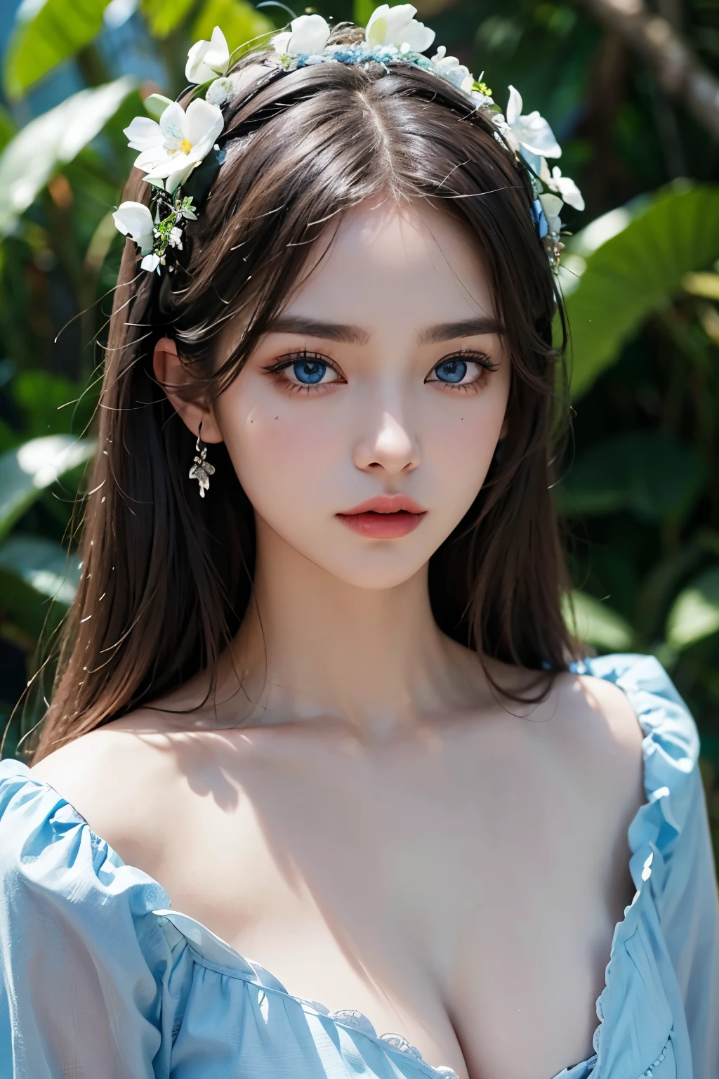 A solemn woman in paradise clothes, a masterpiece, a strange world, a most beautiful face, a detailed face, eyelashes, blue eyes, look