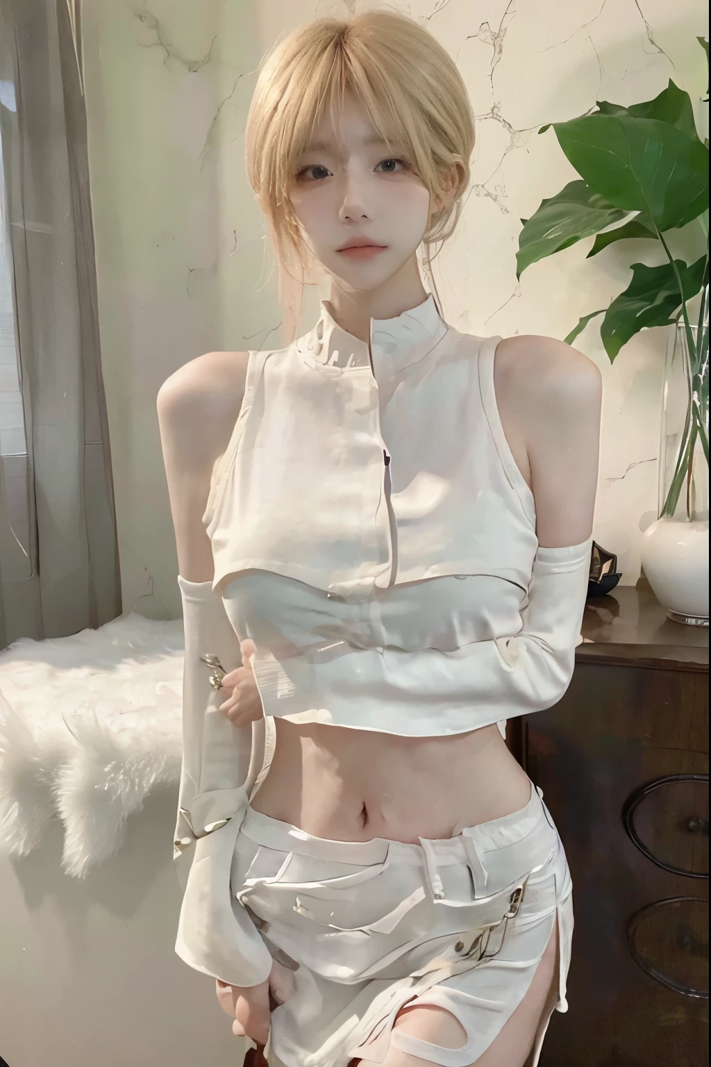 Beautiful woman with perfect body：1.4，Layered Hairstyle，Prominent cleavage，Highly detailed face and skin textures，Double eyelids，Skin Whitening，Long hair，Whitened long legs，blond，（Sleeveless vest，miniskirt，White pantyhose）standing in living room