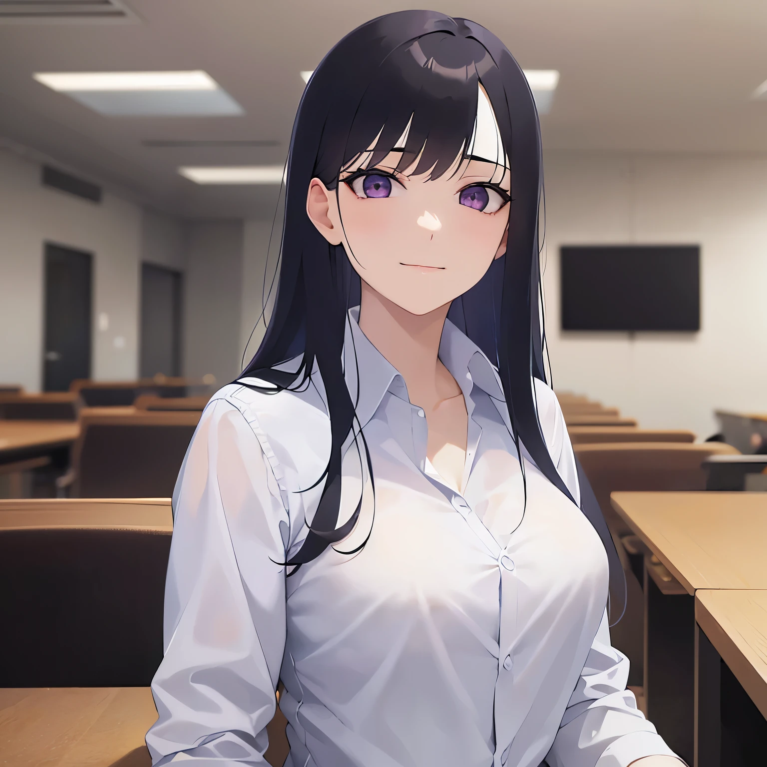 cinematic angle, Upper body, Realistic, real person, (pale skin: 1.2), (RAW photo:1.5), photorealistic, shiny skin, shiny hair、(A 25-year-old woman with straight hair and bangs) and (medium hair) and (black hair) and (purple eyes) and (half eyes), (white collared shirt), (sad smile:1.3), The background is an office conference room、alone、Sitting