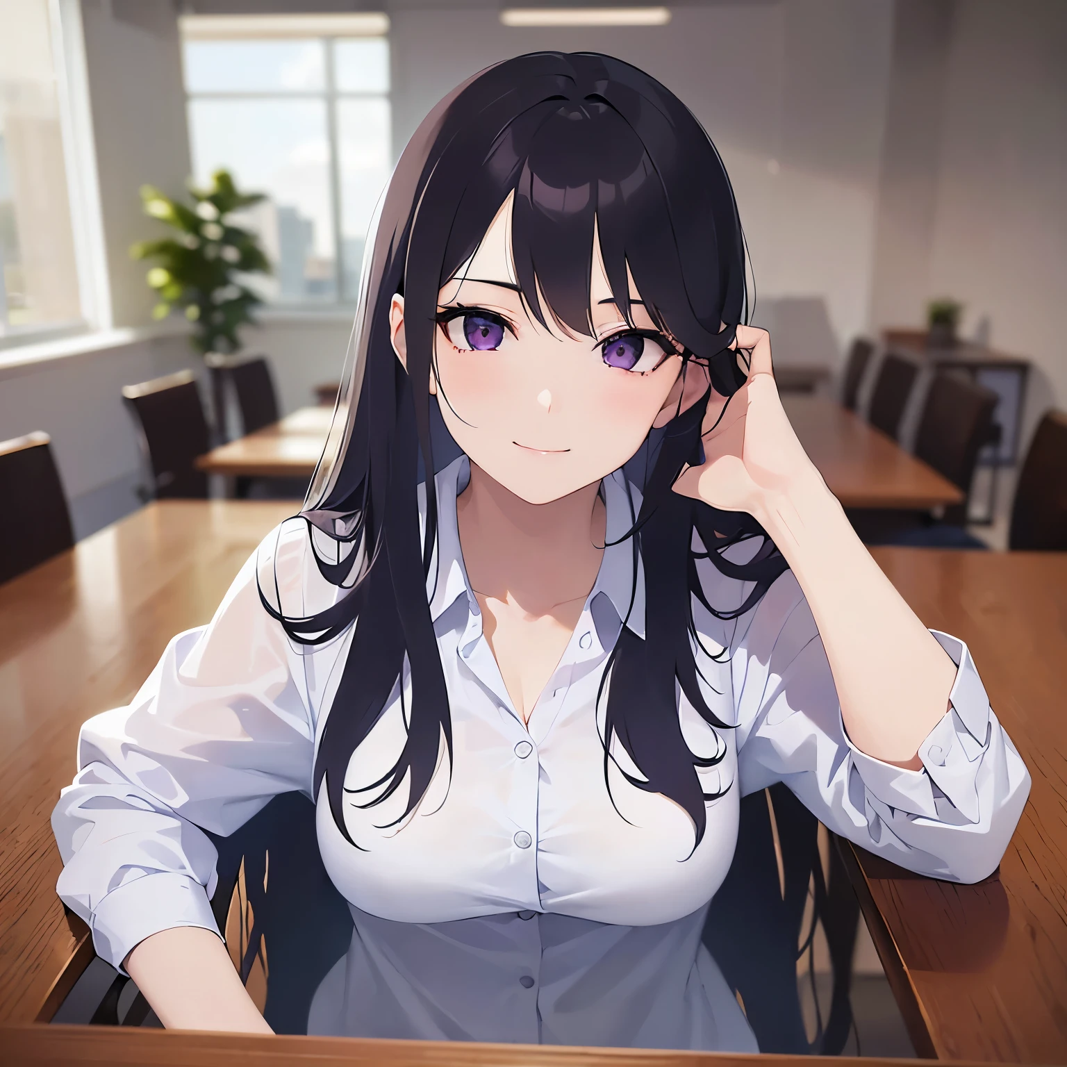 cinematic angle, Upper body, Realistic, real person, (pale skin: 1.2), (RAW photo:1.5), photorealistic, shiny skin, shiny hair、(A 25-year-old woman with straight hair and bangs) and (medium hair) and (black hair) and (purple eyes) and (half eyes), (white collared shirt), (sad smile:1.3), The background is an office conference room、alone、Sitting