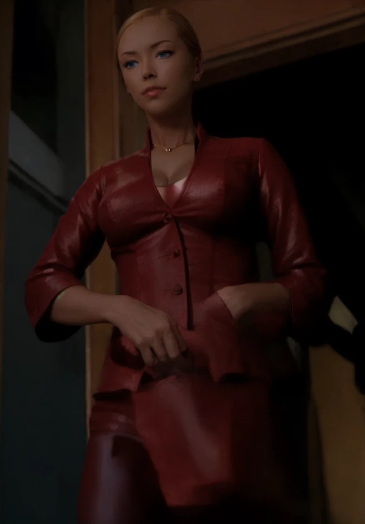 T3RMKL0K, blue eyed, medium to large breast size, perked cleavage, cleavage, red outfit, gold necklace