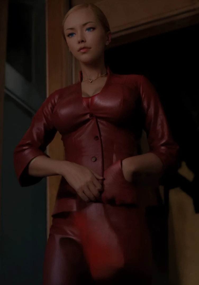 T3RMKL0K, blue eyed, medium to large breast size, perked cleavage, cleavage, red outfit, gold necklace