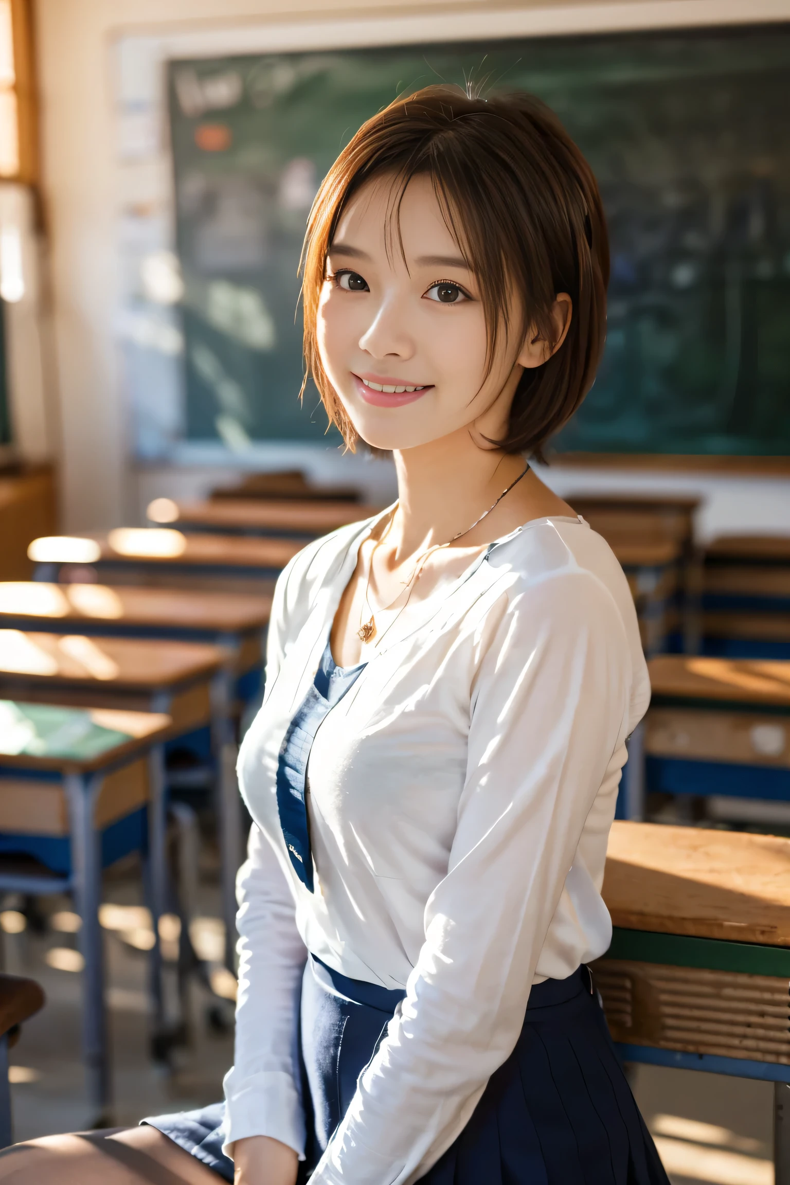 (In front of the blackboard in the classroom:1.5), (1. Female), (The best quality at its best:1.4), (Super detailed), (Very detailed CG unified 16k), Beautiful woman with perfect figure: 1.4, Sharp focus: 1.2, Very detailed, High-quality RAW color photos, Professional photography, Great face and eyes, cosmetics, (Amazingly beautiful girl), ((A teacher at the school who is teaching a class:1.5)), Sexy posture,(View from below), Realistic movie faces, Wide zoomed out view of head to foot length, Full body long view, Realistic, ((Realistic natural orange red hairstyle, Realistic blue eyes)), ( Short Bob Hair:1.5), (necklace:1.5)、, Very beautiful face, Perfect model beauty, Mouth swelling, Highly detailed face and skin texture, Fine grain, double eyelid, Medium chest, smile, Crack, west, (masterpiece), highest quality, High resolution, Very detailed, Blurred Background, Depth of written boundary, Cinema Lighting, Great legs, , Clear, well-maintained skin, (((Women make up the majority of the photo)))