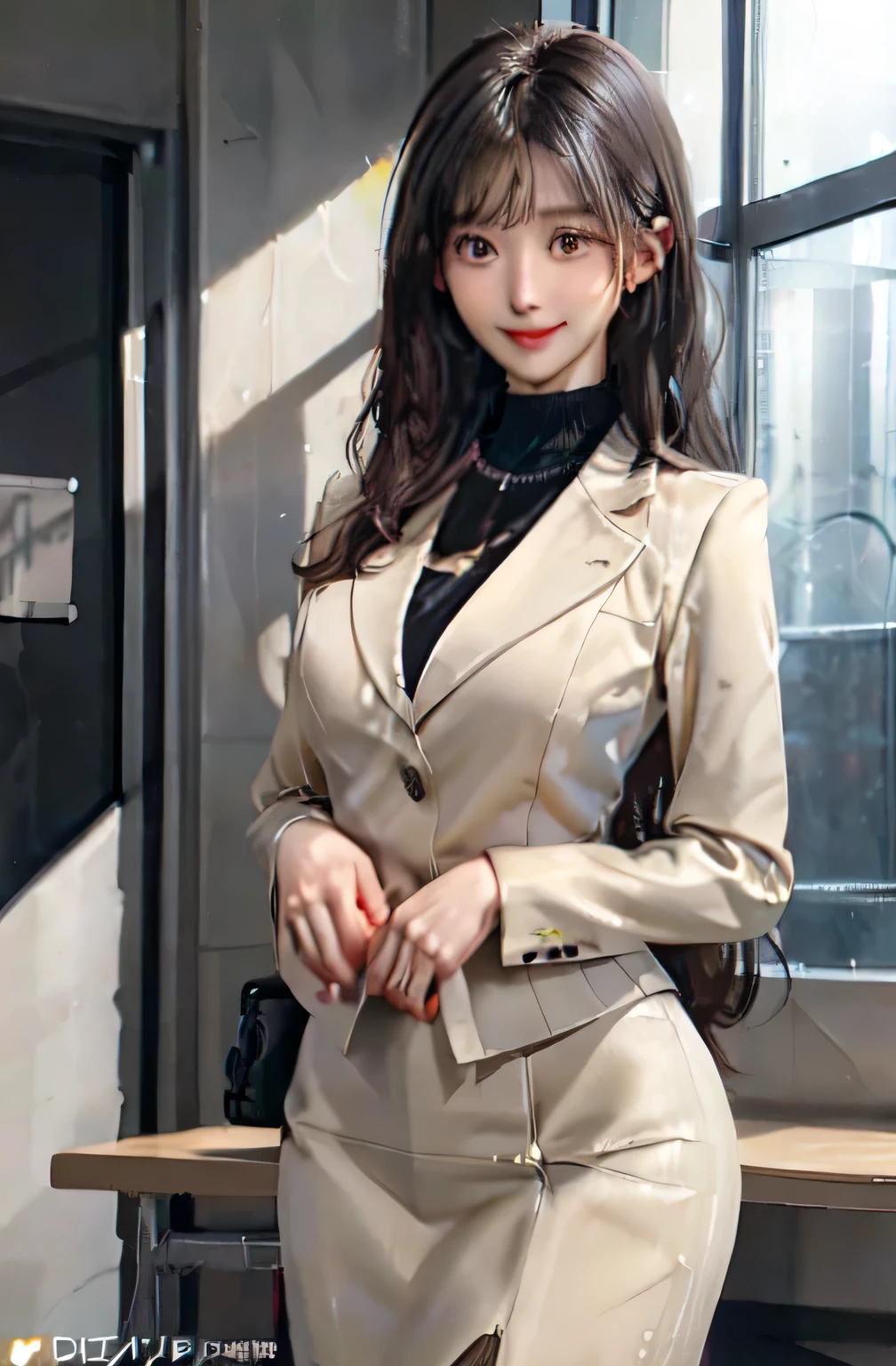/(Modern office indoors/), Only one woman, /(Suit jacket pencil skirt beige/) ID card, /(Black Hair/) bangs, A gentle, blushing smile, (Top quality masterpiece:1.2) Very detailed, Large Breasts