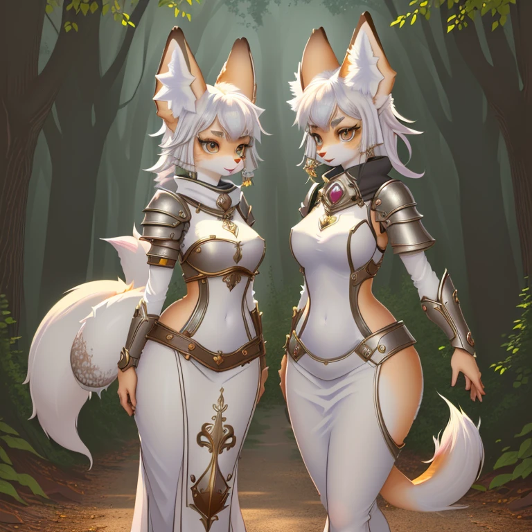 ((solo)), (full body) shot photo of the most beautiful artwork detailed and beautiful eyes, intricate detail, High Detail, ultra realistic, tight white/hide armor, furry art,, (furry art!!!, anthropomorphic furry art, ((female anthro furry fenny fox cleric)), forest, very very beautiful furry art, realistic, 8k, --no human-hair, duplicate, duplicate tails