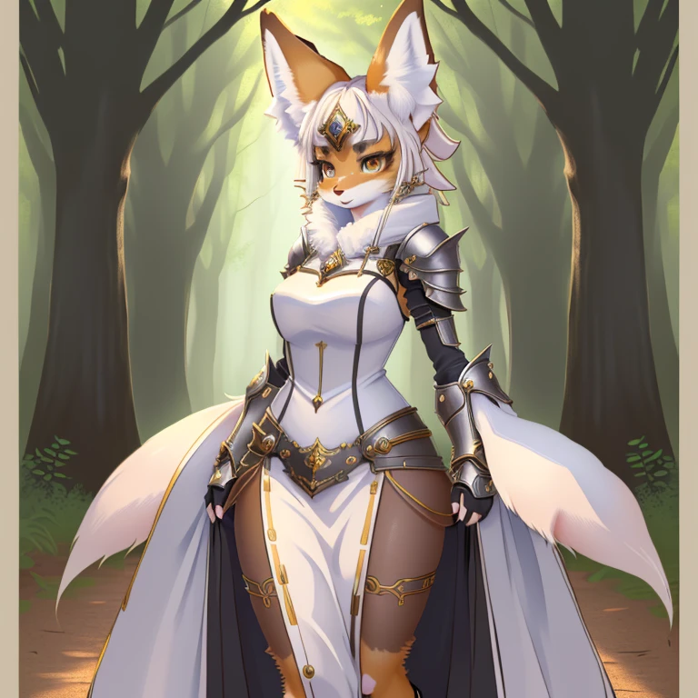 ((solo)), (full body) shot photo of the most beautiful artwork detailed and beautiful eyes, intricate detail, High Detail, ultra realistic, tight white/hide armor, furry art,, (furry art!!!, anthropomorphic furry art, ((female anthro furry fenny fox cleric)), forest, very very beautiful furry art, realistic, 8k, --no human-hair, duplicate, duplicate tails