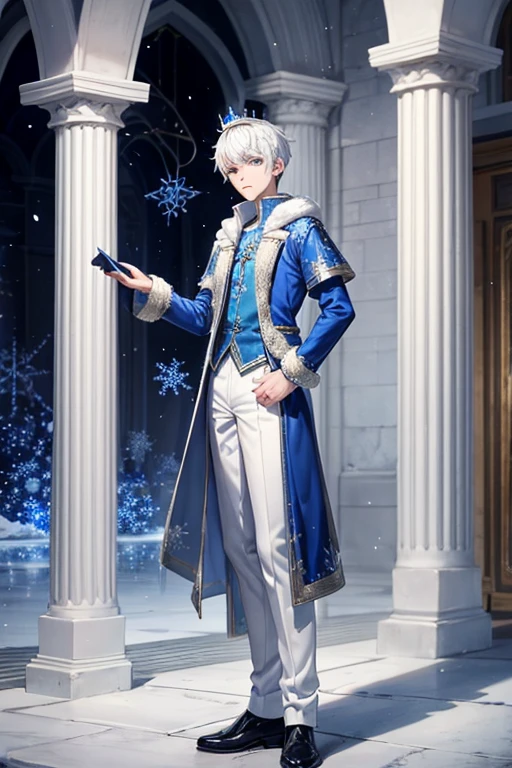 Jack Frost 18 year old boy with blue medieval prince costumes with white snowflake prints white pants black shoes blue boots white hair prince crown throne room background 