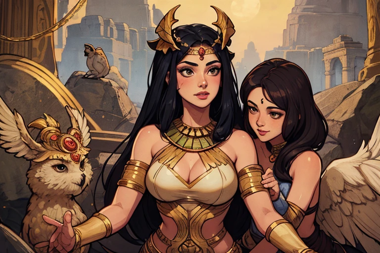 an Egyptian woman with three owls and a bird, Deusa Inanna, sumerian Deusa Inanna ishtar, Hecate goddess, a deusa Artemis sorrindo, inanna, a deusa grega afrotita, the goddess hestia, deusa da mitologia grega, pagan goddess, mitologia da deusa da terra, Hecate, hidden hieroglyph, Venus goddess Athenastyle Cartoon style digital illustration GTA style