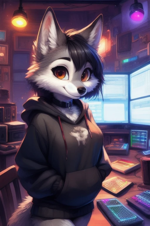 by kenket, by totesfleisch8, (by thebigslick, by silverfox5213:0.8), (by syuro:0.2), (by qupostuv35:1.2), (hi res), ((masterpiece)), ((best quality)), illustration, furry, wolf, animal ears, body fur, 1girl, solo, black hair, *//*, brown eye, *//*, looking at viewer, smile, wolf girl, (((female))), young adult, room and city, (((night, RGB lights, warm colors, lofi))), ((room with computers)), screen lights, toned body, choker, hoodie and miniskirt, tomboy clothes, female clothes, lofi 8bits, furry anthropomorphic wolf, furry wolf nose, ((light-grey fur)), FurryDalle