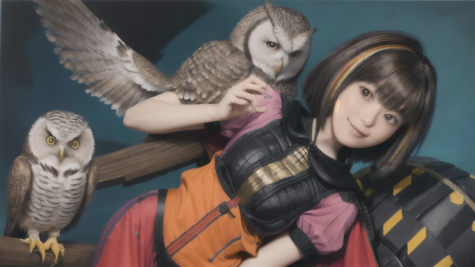 224 Short Hair, 20-year-old woman, A kind smile, (There are also colorful owls), (Rembrandt-style painting), ((machinery suit,Clothes with short sleeves)),I can see your abs
