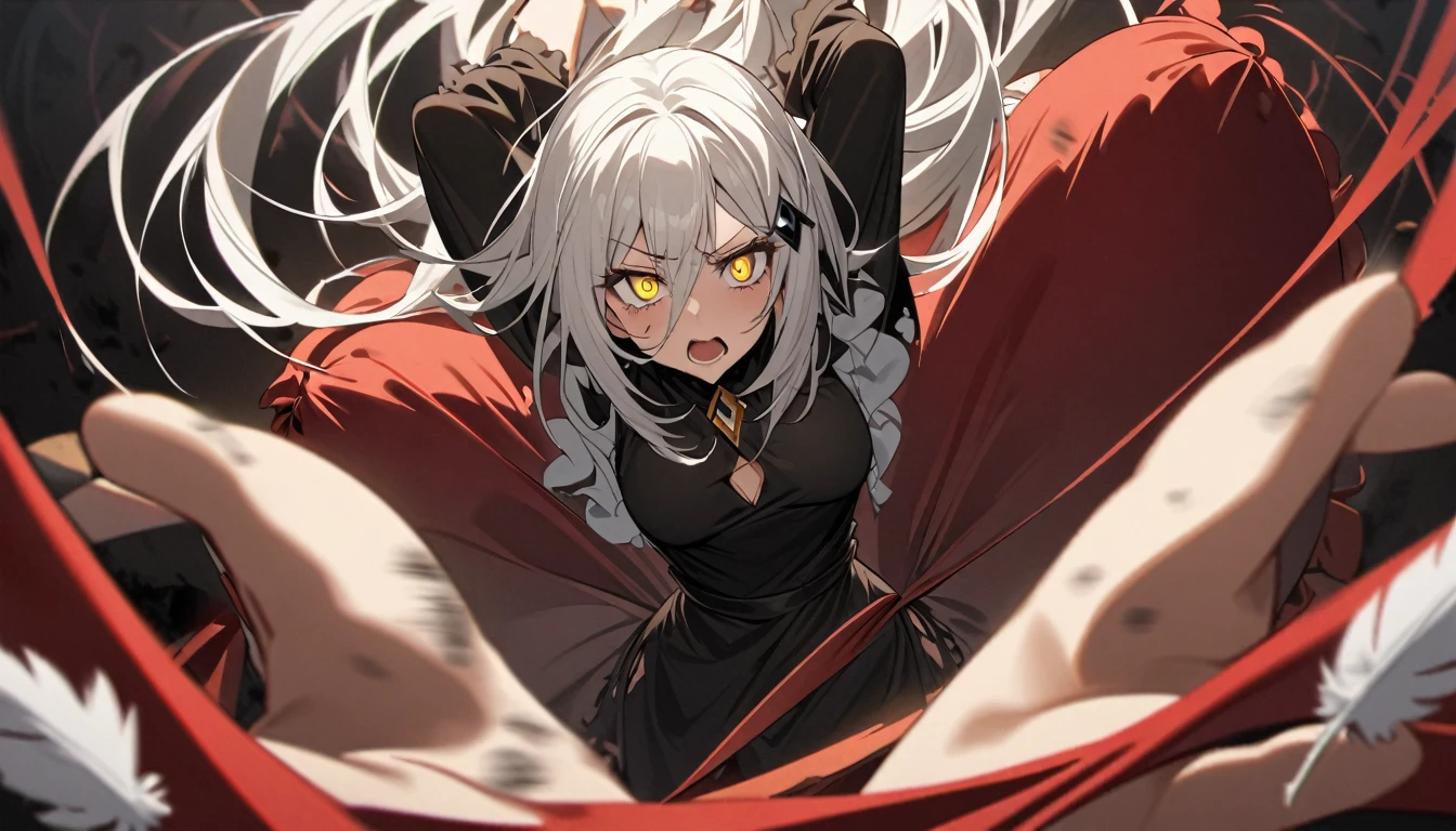 A woman, flowing white hair, melancholy eyes, yellow pupils, black diamond-shaped hairpin, A woman is cutting up Tattered super huge golden silk cushions with scissors in a dirty way. Tiny feathers are dancing, angry