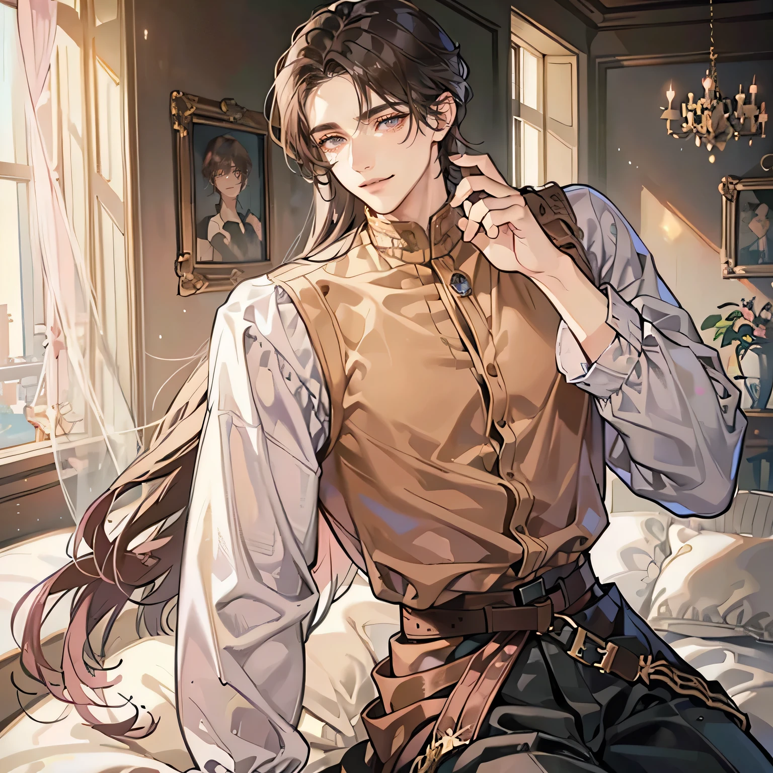 One man, male, soft eyes, undereye circles, soft features, manly, dark mauve hair, long hair, middle part, curtain bangs, bangs, tall, slender, muscular, broad shoulders, long eyelashes, kind, masculine but beautiful, brown eyes, pink lips, eye bags, smiling, manly, gentle, casual clothes, beige sweater, brown pants