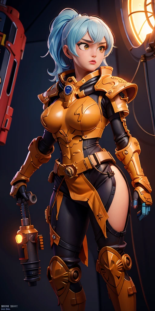 (((masterpiece))), (((best quality))), ((ultra-detailed)), (highly detailed CG illustration), ((an extremely delicate and beautiful)), cinematic light,((1girl)), solo, (upper body), (character focus), absurdres, high contrast, extreme detailed,colorful,highest detailed, science fiction, nanosuit, high ponytail, (light blue hair), yellow eyes, knee boots, (spacecraft interior), mechanical limbs, large breasts, metal wire,