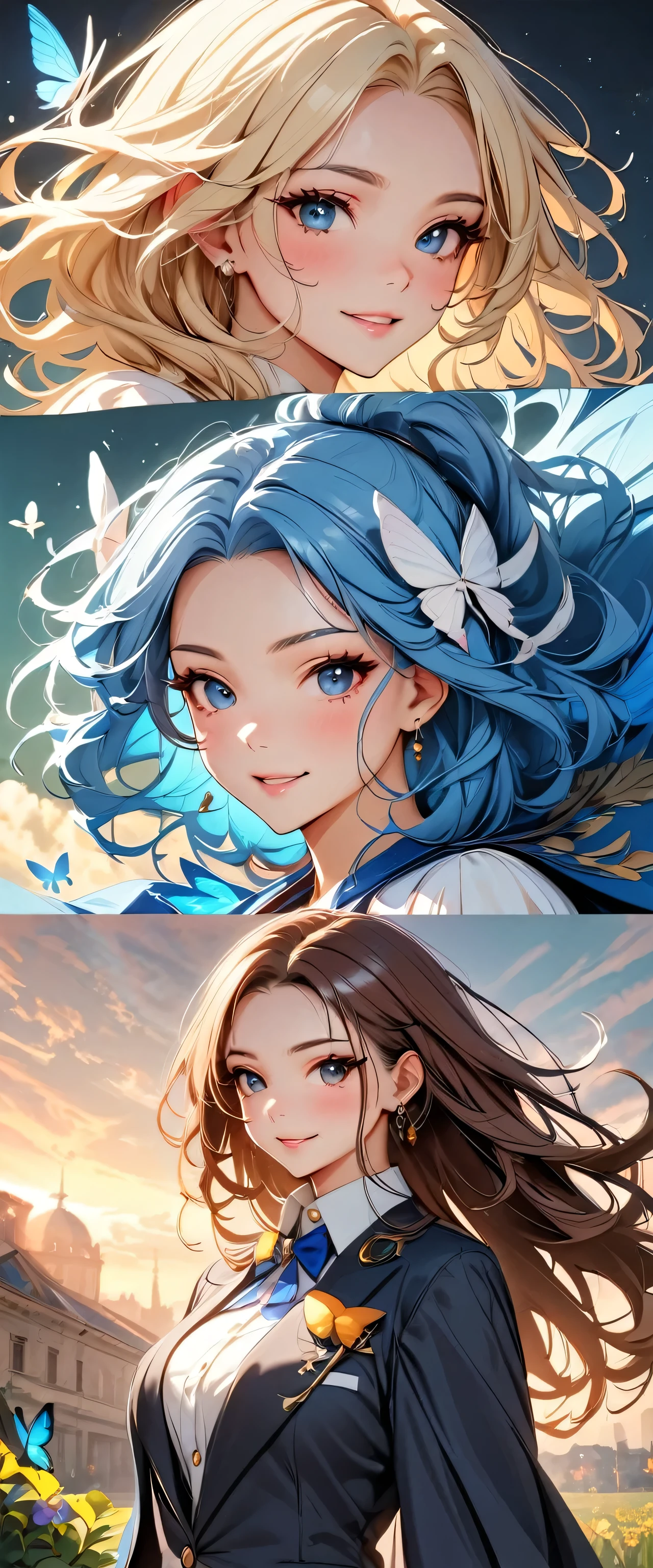 (mais alta qualidade:1.2, Muito detalhado, Mais recente, vibrante, Digital coloring, alto contraste, obra de arte:1.2, mais alta qualidade, better aesthetics, Spirit of the Wind), 1 mulher, Cabelo prateado, rabo de cavalo lateral、(((enfeite de cabelo de borboleta azul, vestido borboleta azul:1.2))), (Lots of butterflies and flowers fluttering:1.2, Paisagem de fantasia:1.4), Bright lighting, Belo mundo, Novo Mundo, Soprado pelo vento suave, (olhar quente, Quente, Rui々Beautiful lips, Lustroso, Boca aberta, Vazando suspiro), preciso, pele texturizada, tiro de vaqueiro, Sorriso Sedutor, A beleza e o perigo de passar de a adulta, A symbol of miraculous beauty.