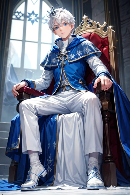 Jack Frost, 18 year old boy wearing blue medieval prince costumes with white snowflake prints, pantalones blancos, zapatos negros, botas azules, pelo blanco, crown of prince, fondo de la sala del trono