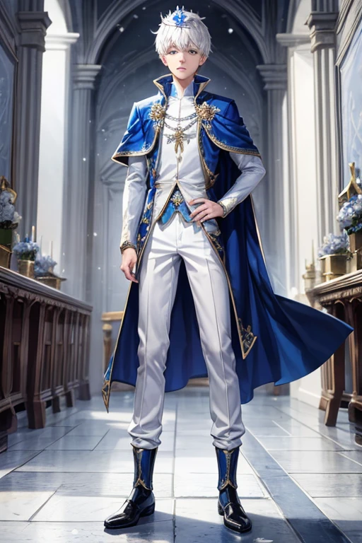 Jack Frost, 18 year old boy wearing blue medieval prince costumes with white snowflake prints, pantalones blancos, zapatos negros, botas azules, pelo blanco, crown of prince, fondo de la sala del trono