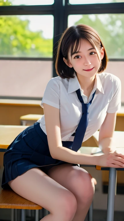 (Tabletop, highest quality:1.2), 8k, 18-year-old, 85mm, Official Art, RAW Photos, Absurd, White dress shirt, Cute face, close, Upper Body, Viola Lace, Gardenia, beautiful girl, (Dark red tie:1.1)、(Navy Pleated Skirt:1.1), Cinch waist, Thighs, Short sleeve, classroom, ponytail、short hair、short hair、sit on bench seat, Looking at the audience, No makeup, (smile:0.4), Film Grain, chromatic aberration, Sharp focus, Face Light, Bright lighting, Teen, Detailed face, ((Background blur,日本の学校のclassroom、classroom、Cherry tree seen from the window))、((Sexy panties in full view:1.05))、((Spread your legs wide:1.45))