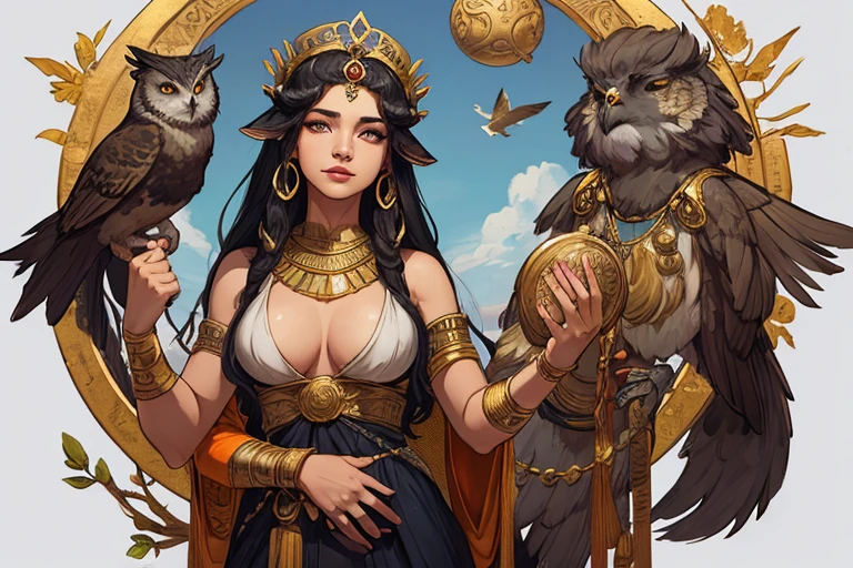 an Egyptian woman with three owls and a bird, Deusa Inanna, sumerian Deusa Inanna ishtar, Hecate goddess, a deusa Artemis sorrindo, inanna, a deusa grega afrotita, the goddess hestia, deusa da mitologia grega, pagan goddess, mitologia da deusa da terra, Hecate, hidden hieroglyph, Venus goddess Athenastyle Cartoon style digital illustration GTA style