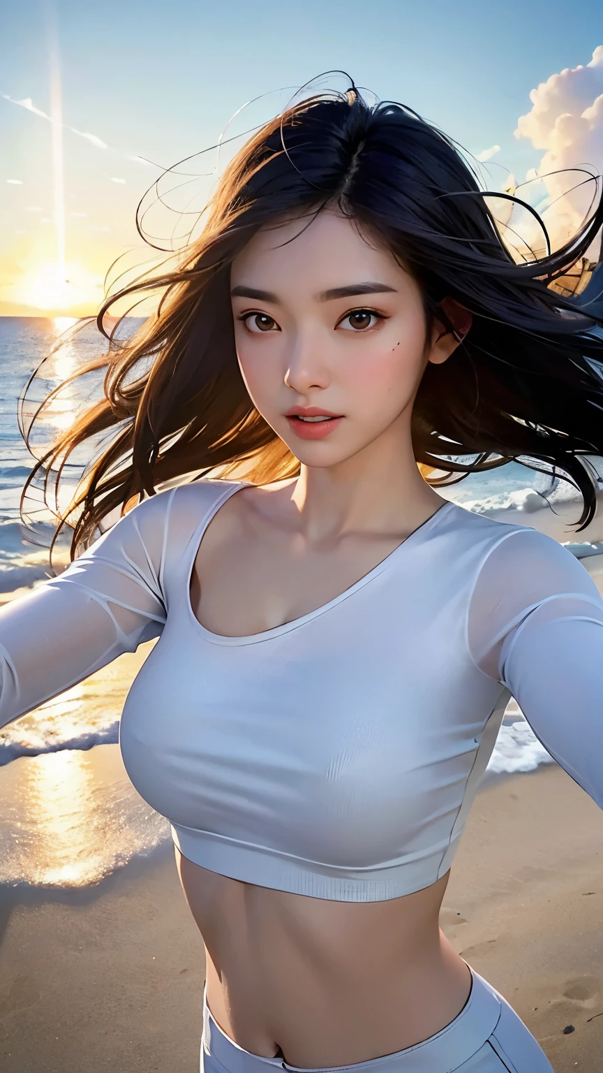 (logo、masterpiece、8k、Tabletop、RAW Photos、wonderful、最high quality、Photorealistic and Very detailed CG integrated 8k wallpaper、high quality、Very detailed、Narrative poem、Particle Effects、Dynamic Effects、Written boundary depth、Cinematic Light、Lens flare、Ray Tracing)、Fantasy、 (One beautiful woman、White pants、White T-shirt、White tube top、White crop top、Black-haired、Beautiful Face、True Face、Beautiful details、eye、Beautiful Skin、Ultimate Body、glamorous)、私の髪はWindに舞う、Hair flutters in Wind、Hair bounces、Seaside、wonderful景色、Coastal、sunrise、Sun in the background、Wind、Beach