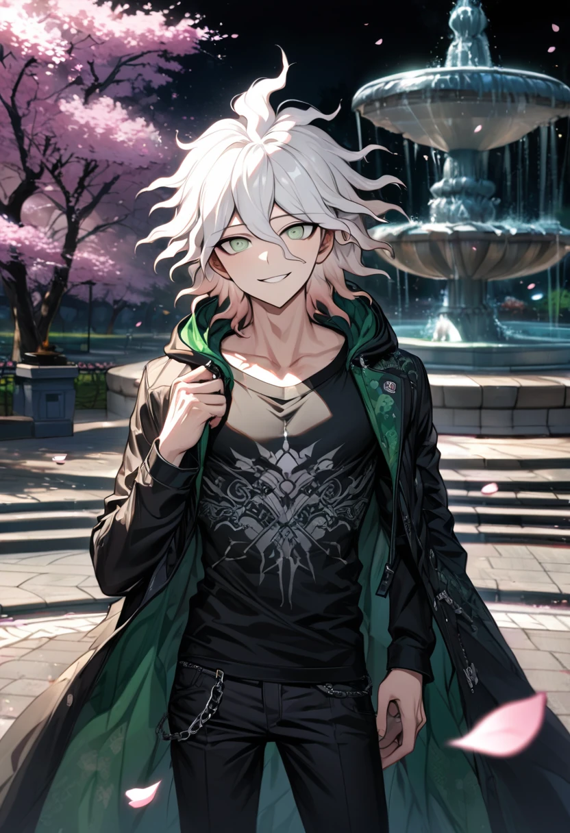 Ultra detailed, Highres, absurdres, HDR, Komaeda Nagito, white hair, expressive light green eyes, black long coat with patterns with a hoddie, Danganronpa, pink flowers, petals, handsome, sexy man, solo, very detailed eyes and face, park, fountain, cherry blossoms, black pants, black tight t-shirt, master piece, smirking, toned chest,