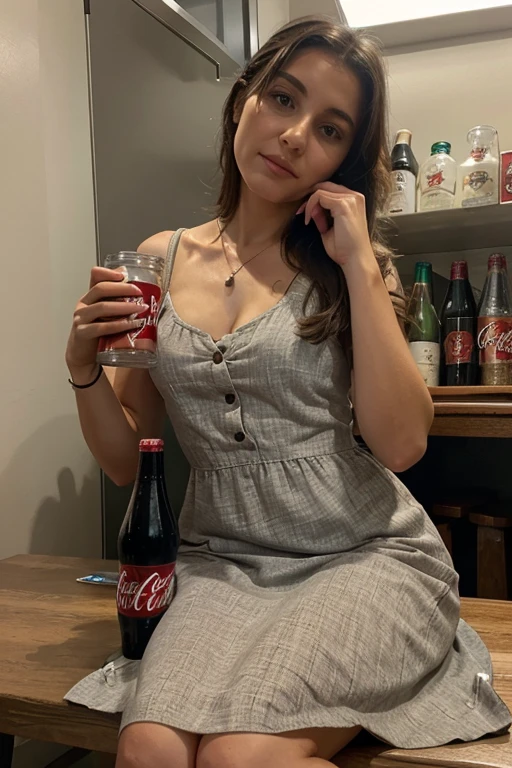 a mom in a modest dress sitting on a table or leaning on a bottle of coke, foto real