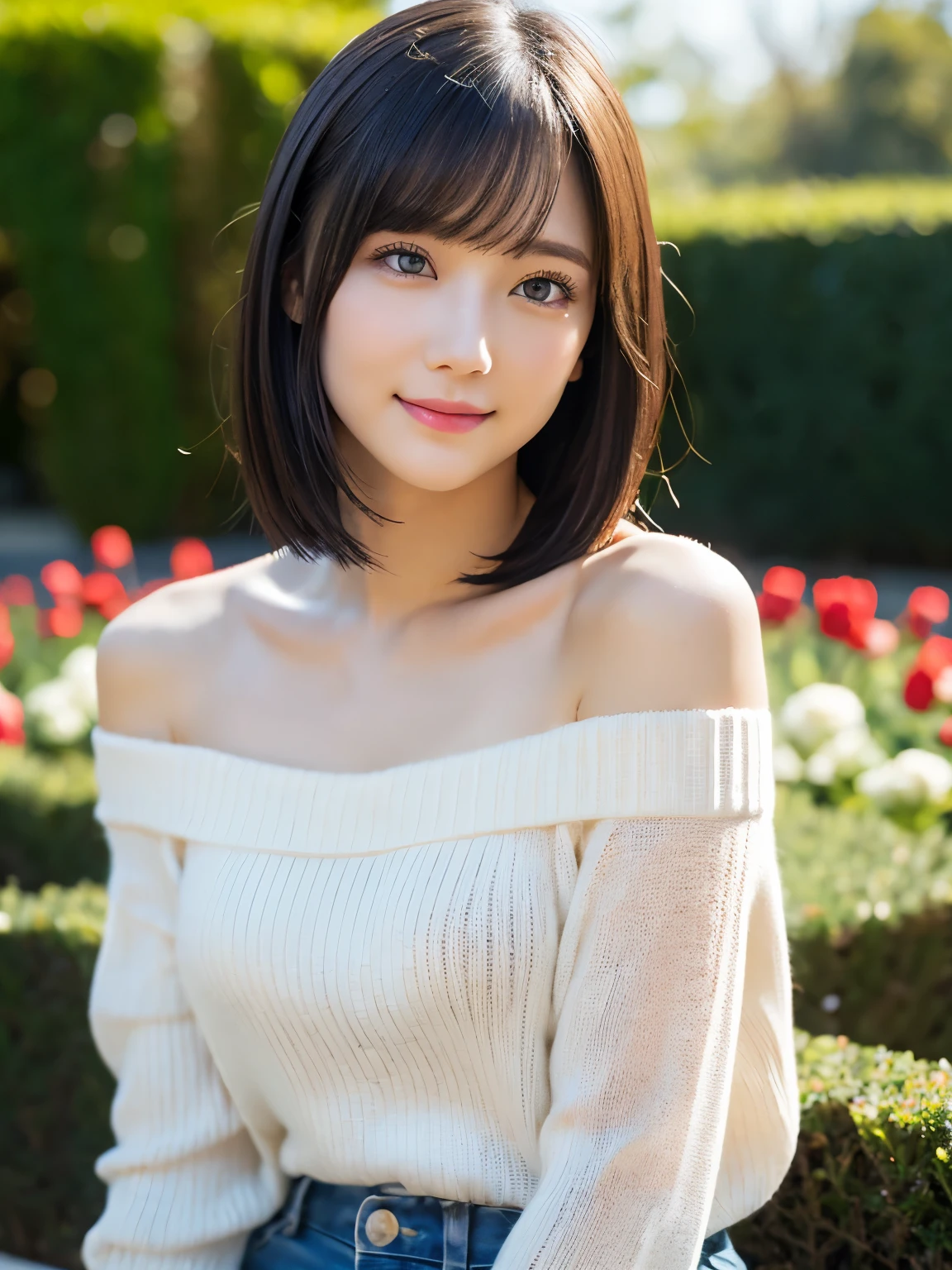 Medium Shot、((Upper Body))、(highest quality:1.5)、(Realistic:1.5)、(1 person:1.5)、(Very detailed)、(High resolution)、8k、((Wear a white off-the-shoulder sweater))、Slightly small breasts、Natural color lips、Cute Smile、20-year-old girl、(Beautiful and elaborate face)、(Perfect and beautiful face)、(Big eyes)、(Beautiful and elaborate face)、(Beautiful, balanced eyes)、Perfect and beautiful double eyelids、Perfect and beautiful face、Arched eyebrows、 Thin eyebrows、Feminine poses、Slim face、Slim figure、Beautiful and thin nose、 Beautiful Skin、(Medium Bob Hair)、Natural Bangs、Fair skin、Front lighting、(Lighting the face)、(Beautiful cleavage)、Deep blue eyes、Slim waistline、Sitting in a flowerbed in the garden、A garden filled with red and white roses、