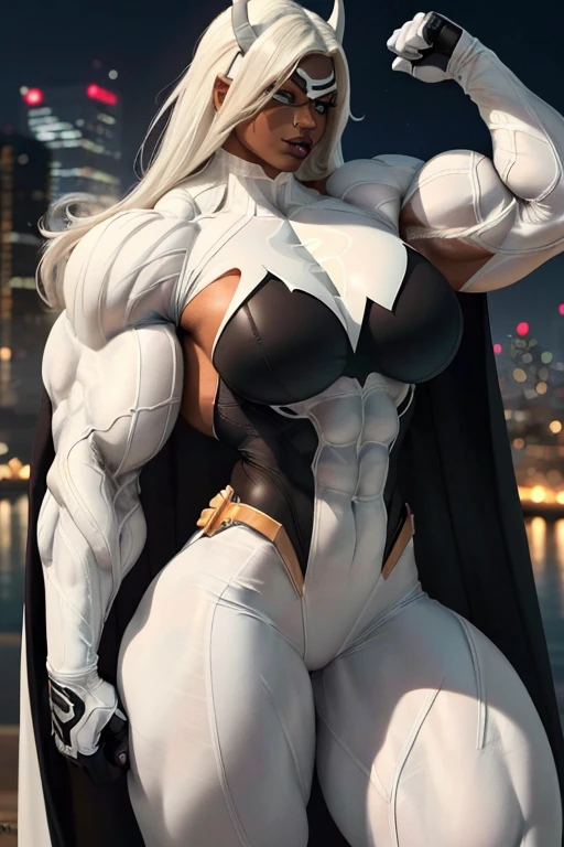 ((((Massive, beautiful, buff, brown skinned muscular woman with white hair, black lipstick, ginormous bulky muscles wearing a white Batgirl suit with a cape and black tight pants)))), (close view), vascular body, massive muscles, massive biceps, hyper muscle triceps, (long straight white hair), blue eyes, black gloves, spiked gauntlets, high heels boots, city, at night, smirk, hyper muscles arms, hyper muscle legs, massively buff arms.