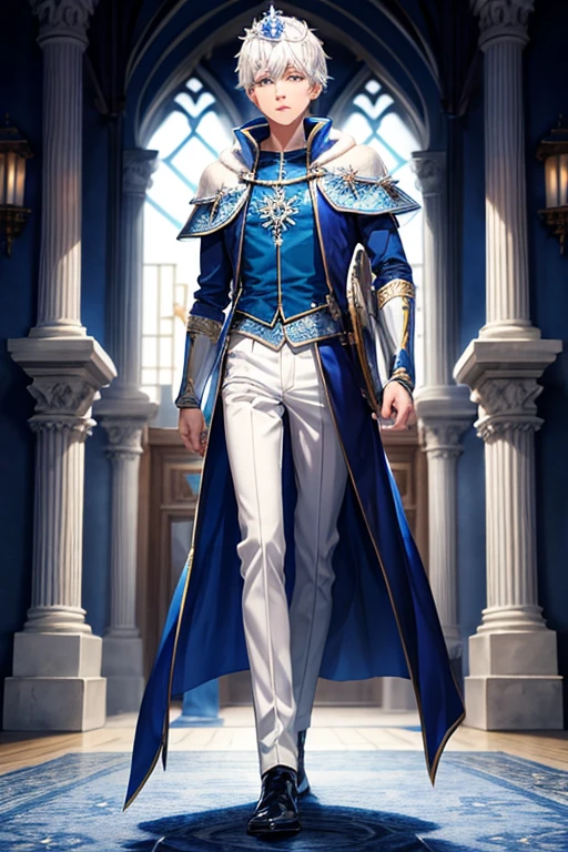 Jack Frost, 18 year old boy wearing blue medieval prince costumes with white snowflake prints, pantalones blancos, zapatos negros, botas azules, pelo blanco, crown of prince, fondo de la sala del trono