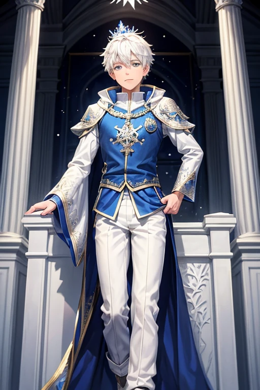 Jack Frost, 18 year old boy wearing blue medieval prince costumes with white snowflake prints, pantalones blancos, zapatos negros, botas azules, pelo blanco, crown of prince, fondo de la sala del trono