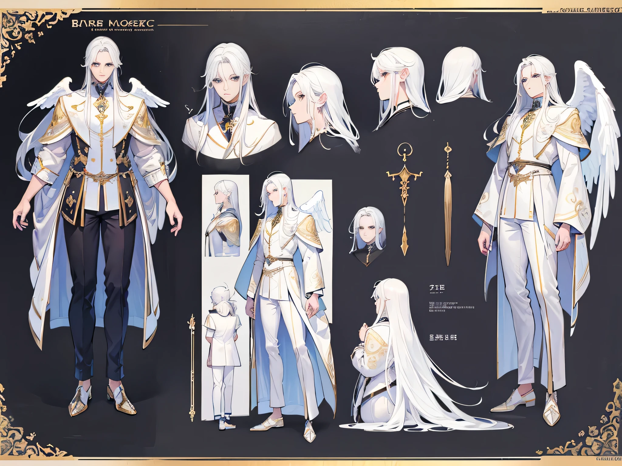 ((Masterpiece, Highest quality)), Male, boy, Detailed face, character design sheet， full bodyesbian, Full of details, frontal body view, back body view, Highly detailed, Depth, Many parts, angel wings, dark skin, white long hair, angel outfit, Muscle boy with white hair，handsome man, male angel , man tall,