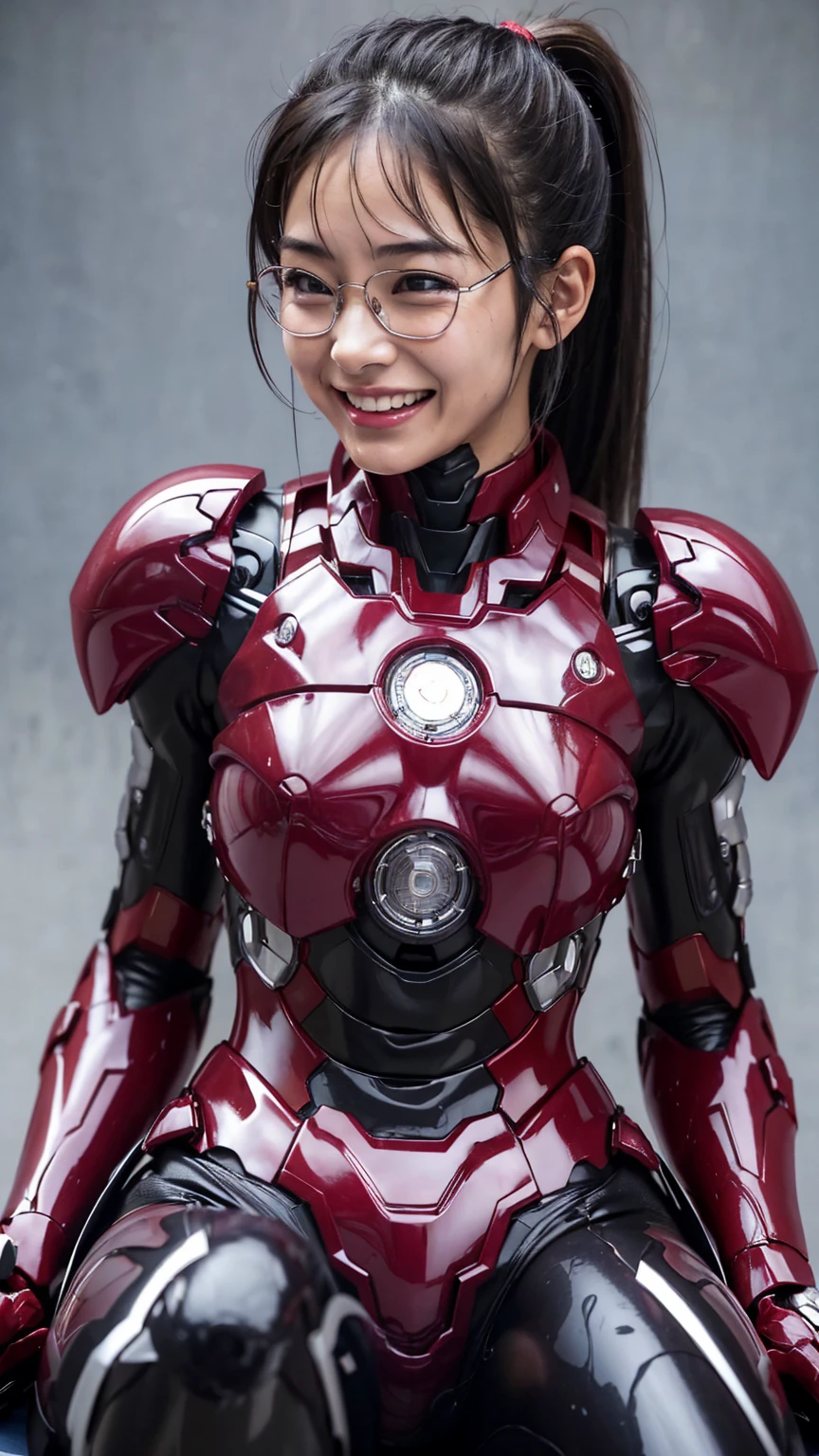 最high quality　8k Iron Man Suit Girl、、、middle School girls、　Hyperrealism, Super Detail, high quality, Anatomically correct, 16k, High resolution, Textured skin、ponytail、Glasses、Sweaty、Red and Black　An innocent smile　Spread your legs wide　I can see the vagina　Sitting with legs crossed　short hair　Black Hair　Drooling from the mouth　look up　profile　Sweat dripping　combustion　Smiling face　Soaking wet　Steam coming out of the head