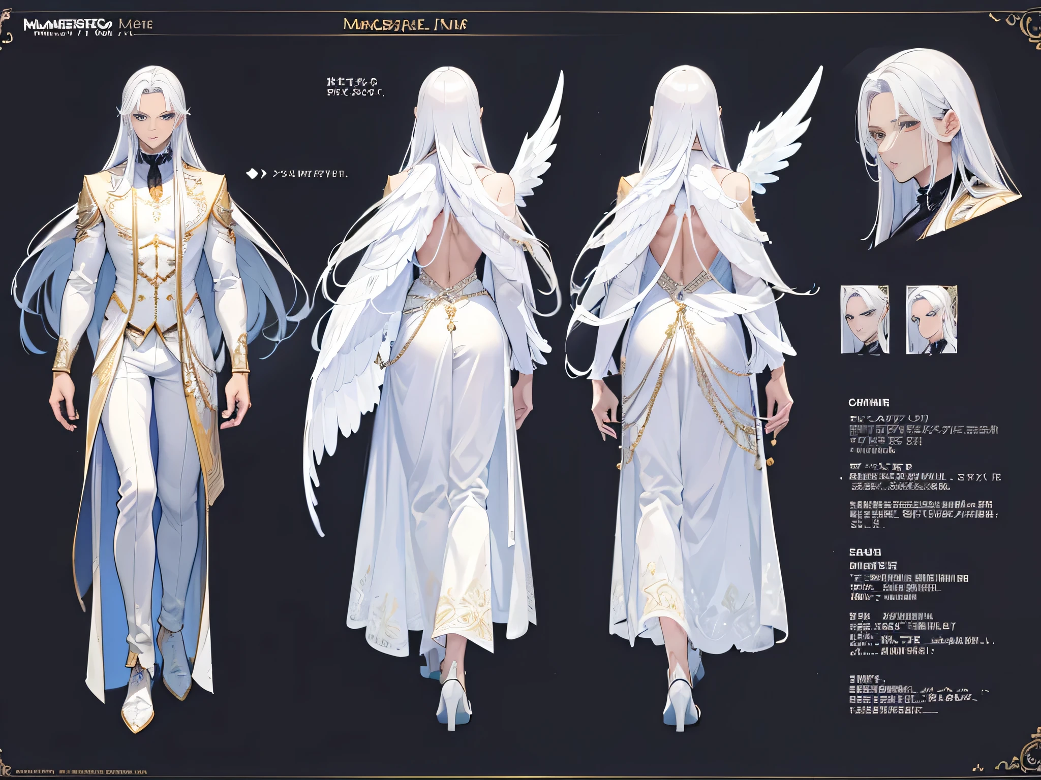 ((Masterpiece, Highest quality)), Male, boy, Detailed face, character design sheet, full bodyesbian, Full of details, frontal body view, back body view, Highly detailed, Depth, Many parts, angel wings, dark skin, white long hair, angel outfit, Muscle boy with white hair,handsome man, male angel , man tall,