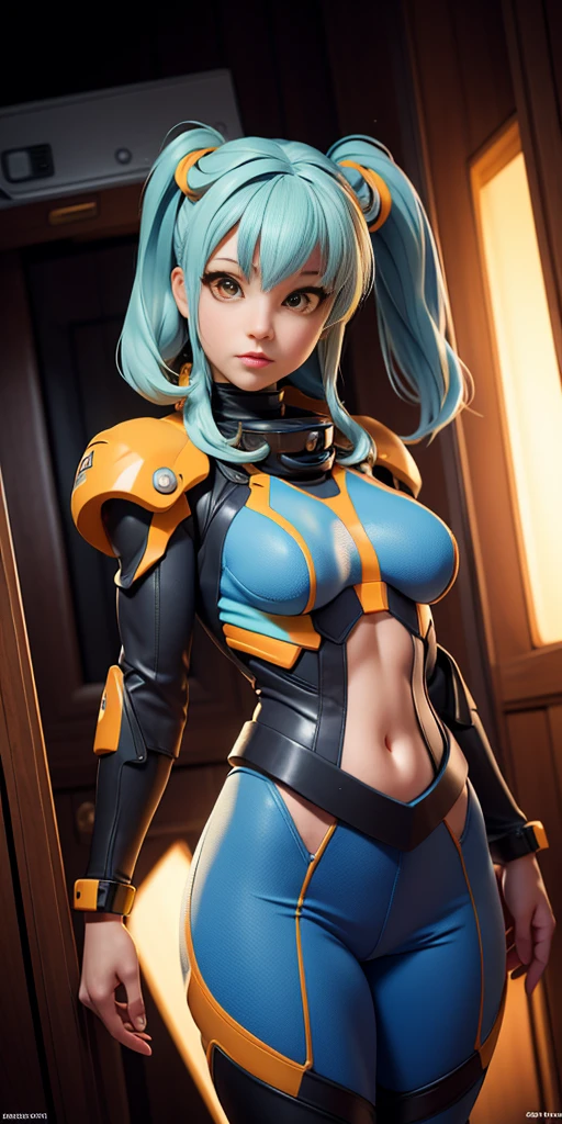 (((masterpiece))), (((best quality))), ((ultra-detailed)), (highly detailed CG illustration), ((an extremely delicate and beautiful)), cinematic light,((1girl)), solo, (upper body), (character focus), absurdres, high contrast, extreme detailed,colorful,highest detailed, science fiction, nanosuit, high ponytail, (light blue hair), yellow eyes, knee boots, (spacecraft interior), mechanical limbs, large , metal wire,