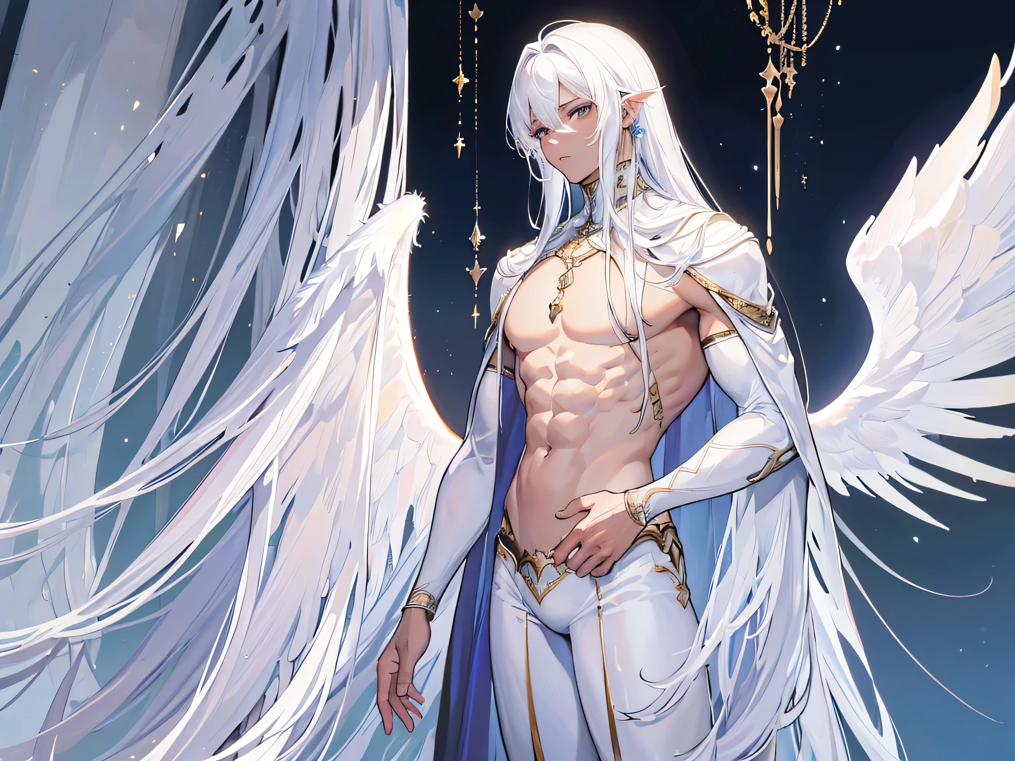 ((Masterpiece, Highest quality)), Male, boy, Detailed face, character design sheet, full bodyesbian, Full of details, frontal body view, back body view, Highly detailed, Depth, Many parts, angel wings, dark skin, white long hair, angel outfit, Muscle boy with white hair,handsome man, male angel , man tall,