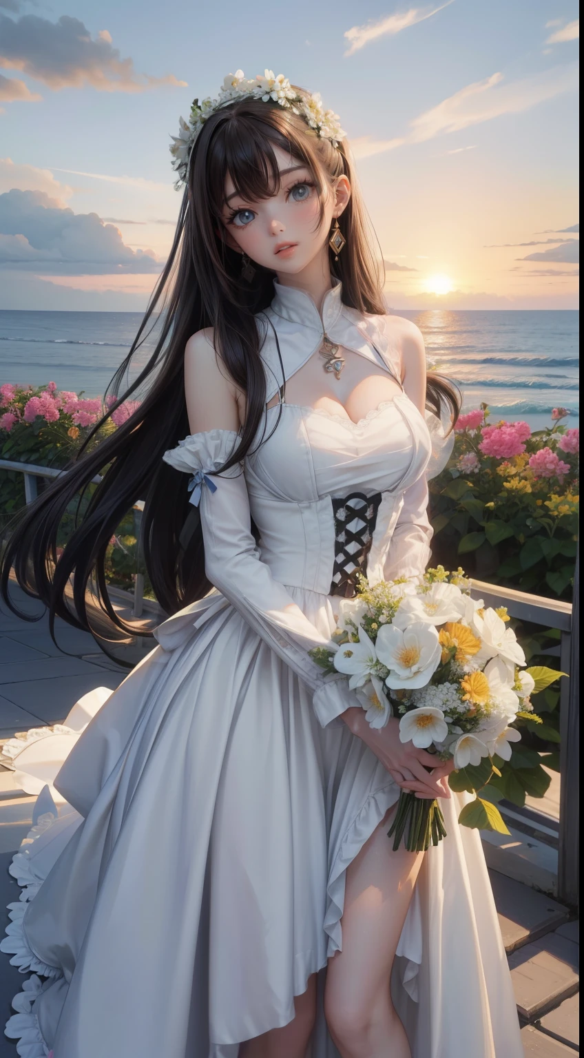 Beach,Black Hair,Straight hair,Random Hairstyles、Lumine | genshin impact, master-piece, bestquality, 1girls,25 years old, proportional body, proportional., Wedding Dresses, White Wedding Dress, Long skirt, wedding, mediuml breasts, ,bara, Standing in the middle of a flower garden, outdoor, wedding, The sky is beautiful, Both hands hold a bouquet of flowers............, View viewers from the front., Thigh strap, Head tilt, bored, 10, 10, HD, slight smile, Super high quality,masterpiece,super high quality,Ultra-high resolution,Best image quality,Top-class,最high quality,Highest Resolution,high quality,beautiful,beautiful,high quality,Genuine texture,Genuine,8k,Detailed,Two-dimensional beautiful girl
