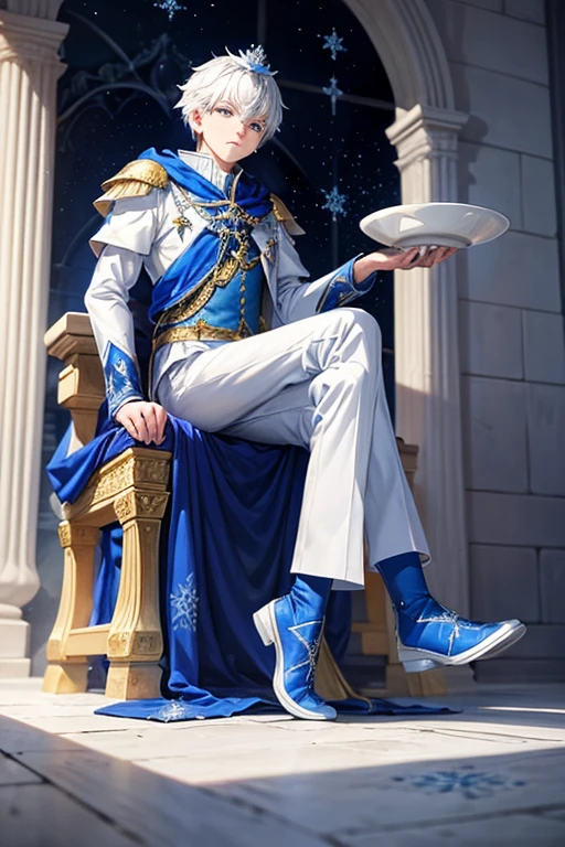Jack Frost, 18 year old boy wearing blue medieval prince costumes with white snowflake prints, pantalones blancos, zapatos s, botas azules, pelo blanco, crown of prince, fondo de la sala del trono