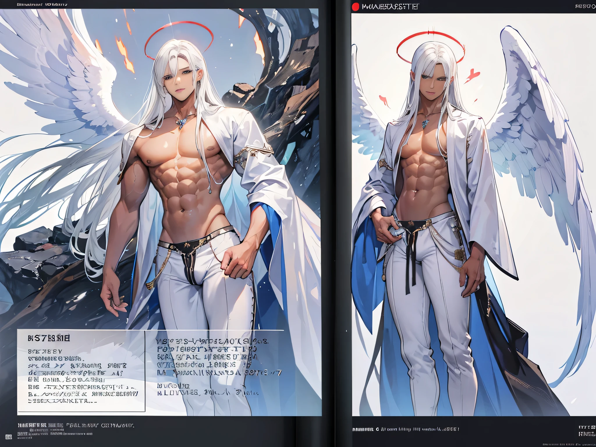 ((Masterpiece, Highest quality)), Male, boy, Detailed face, character design sheet， full bodyesbian, Full of details, frontal body view, back body view, Highly detailed, Depth, Many parts, angel wings, dark skin, white long hair, angel outfit, Muscle boy with white hair，handsome man, male angel , man tall, abs, pectoral muscle