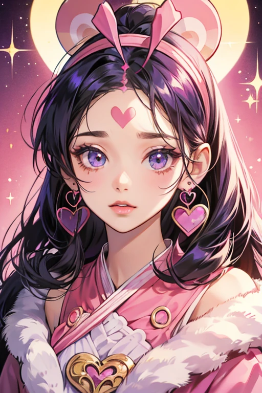 Ayankey is a pink girl monkey that wears a heart antenna headband, heart earrings,She has a heart on her forehead and blue eyelashes. SPARKLE; GLITTER