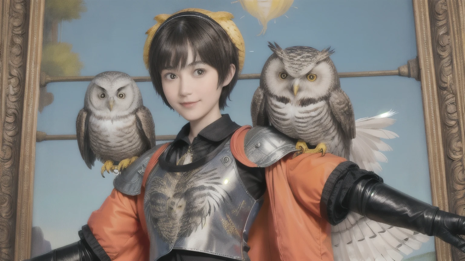 224 Short Hair, 20-year-old woman, A kind smile, (There are also colorful owls), (Rembrandt-style painting), ((machinery suit,Clothes with short sleeves)),I can see your abs
