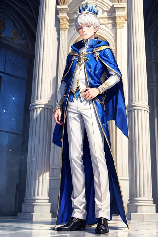 Jack Frost, 18 year old boy wearing blue medieval prince costumes with white snowflake prints, pantalones blancos, zapatos negros, botas azules, pelo blanco, crown of prince, fondo de la sala del trono 